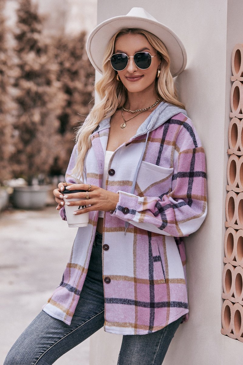 Mandy Plaid Dropped Shoulder Hooded Jacket - Outerwear