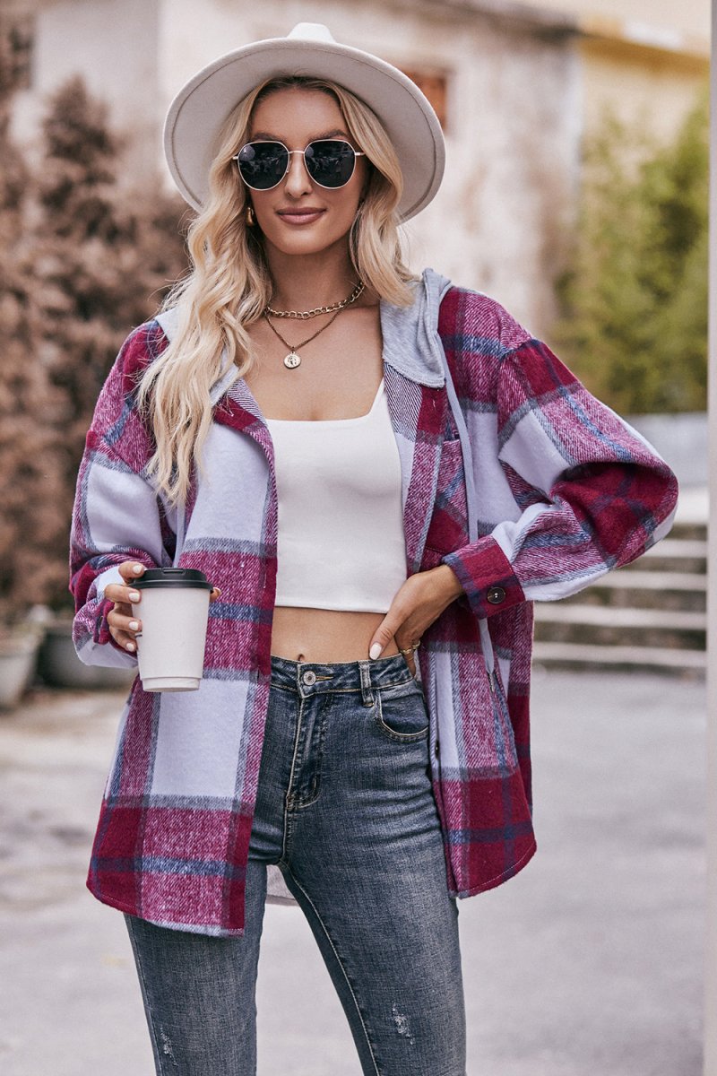 Mandy Plaid Dropped Shoulder Hooded Jacket - Outerwear