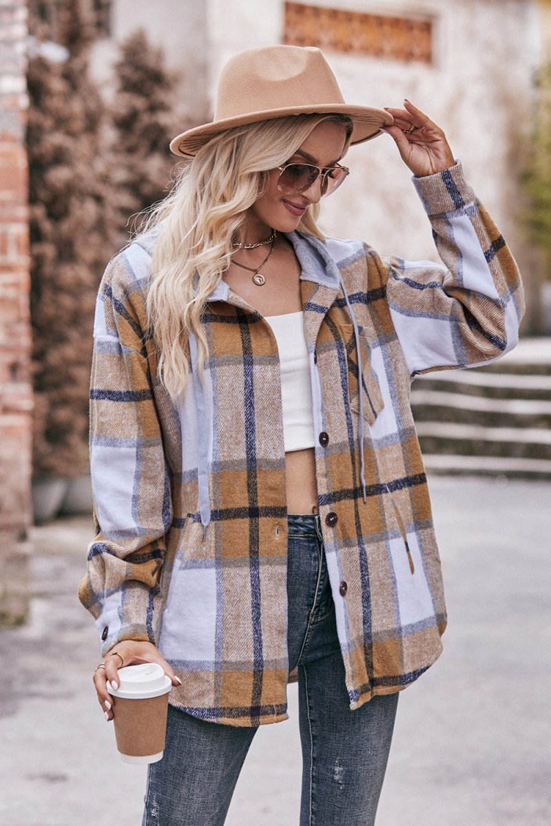 Mandy Plaid Dropped Shoulder Hooded Jacket - Outerwear