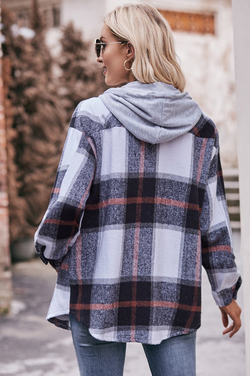 Mandy Plaid Dropped Shoulder Hooded Jacket - Outerwear