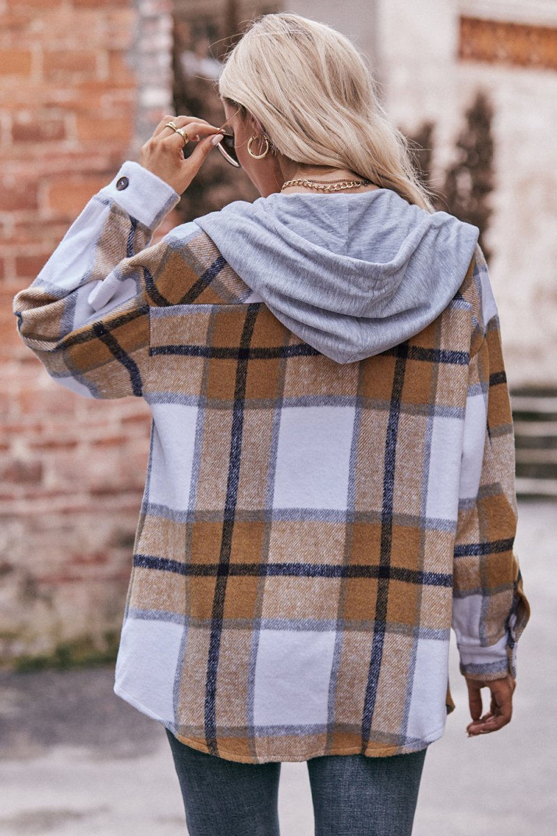 Mandy Plaid Dropped Shoulder Hooded Jacket - Outerwear