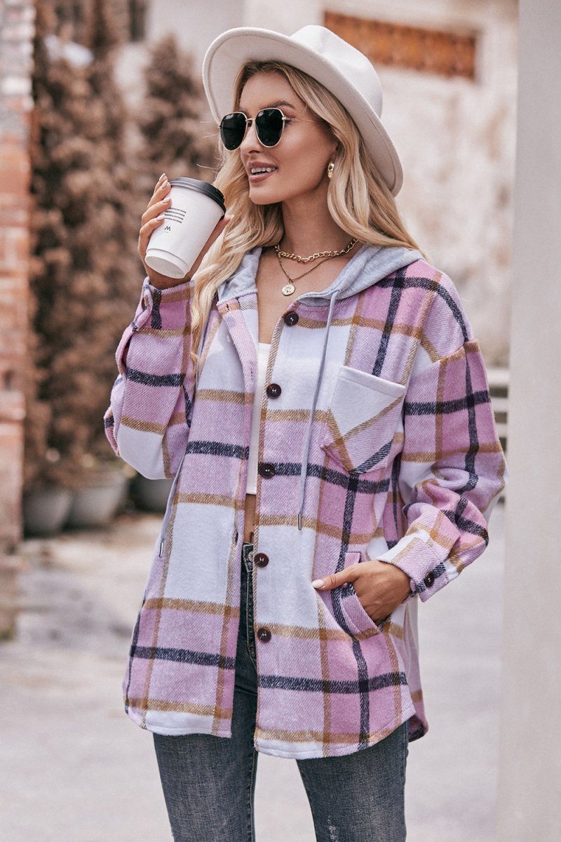 Mandy Plaid Dropped Shoulder Hooded Jacket - Outerwear