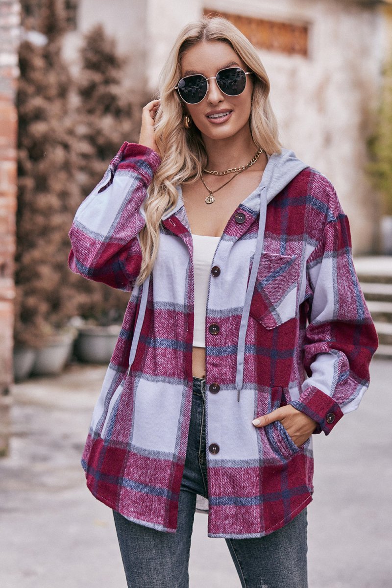 Mandy Plaid Dropped Shoulder Hooded Jacket - Outerwear