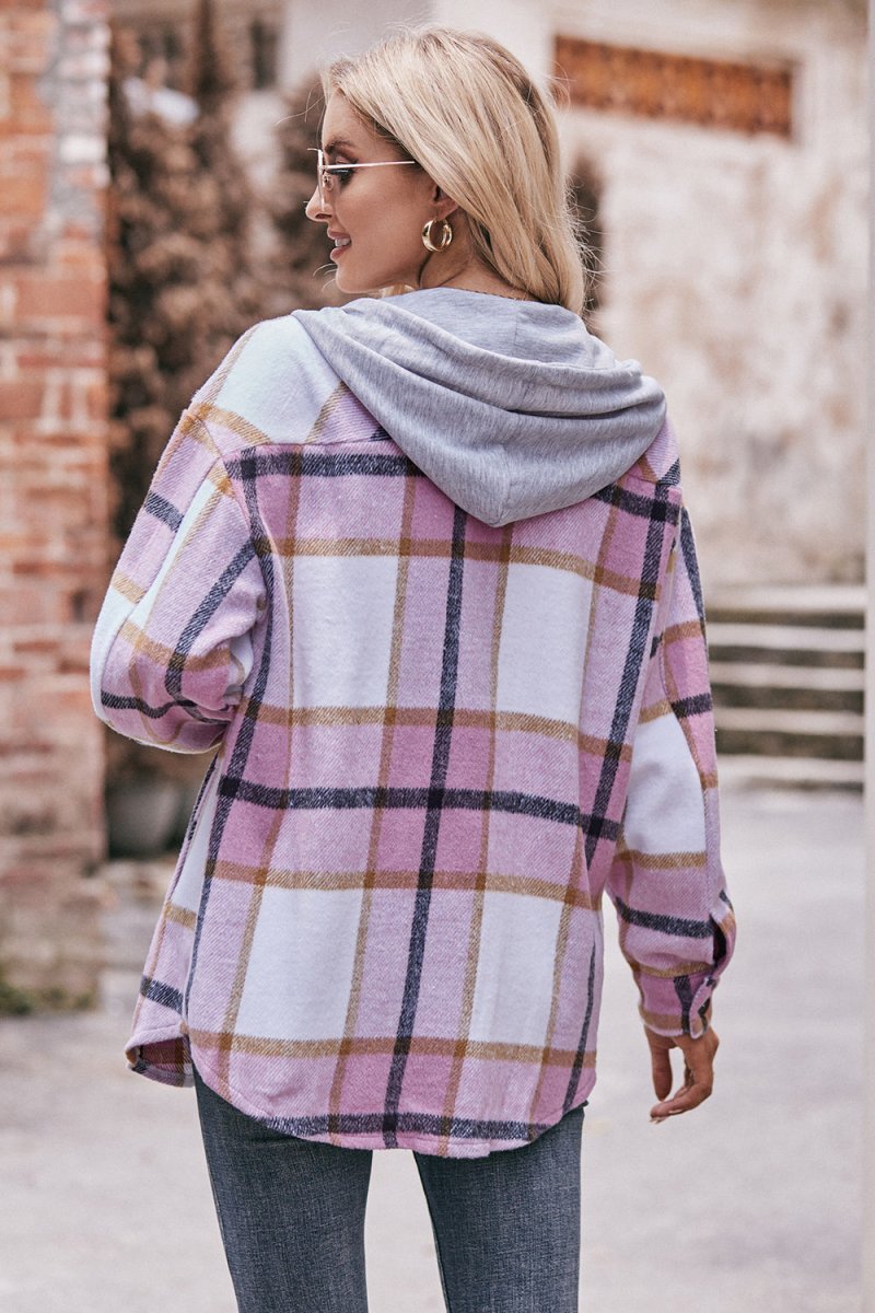 Mandy Plaid Dropped Shoulder Hooded Jacket - Outerwear