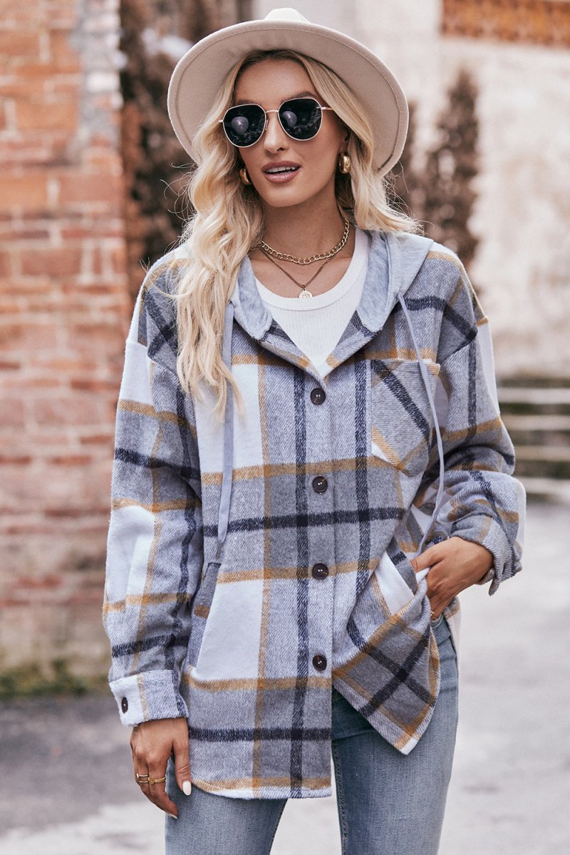 Mandy Plaid Dropped Shoulder Hooded Jacket - Outerwear