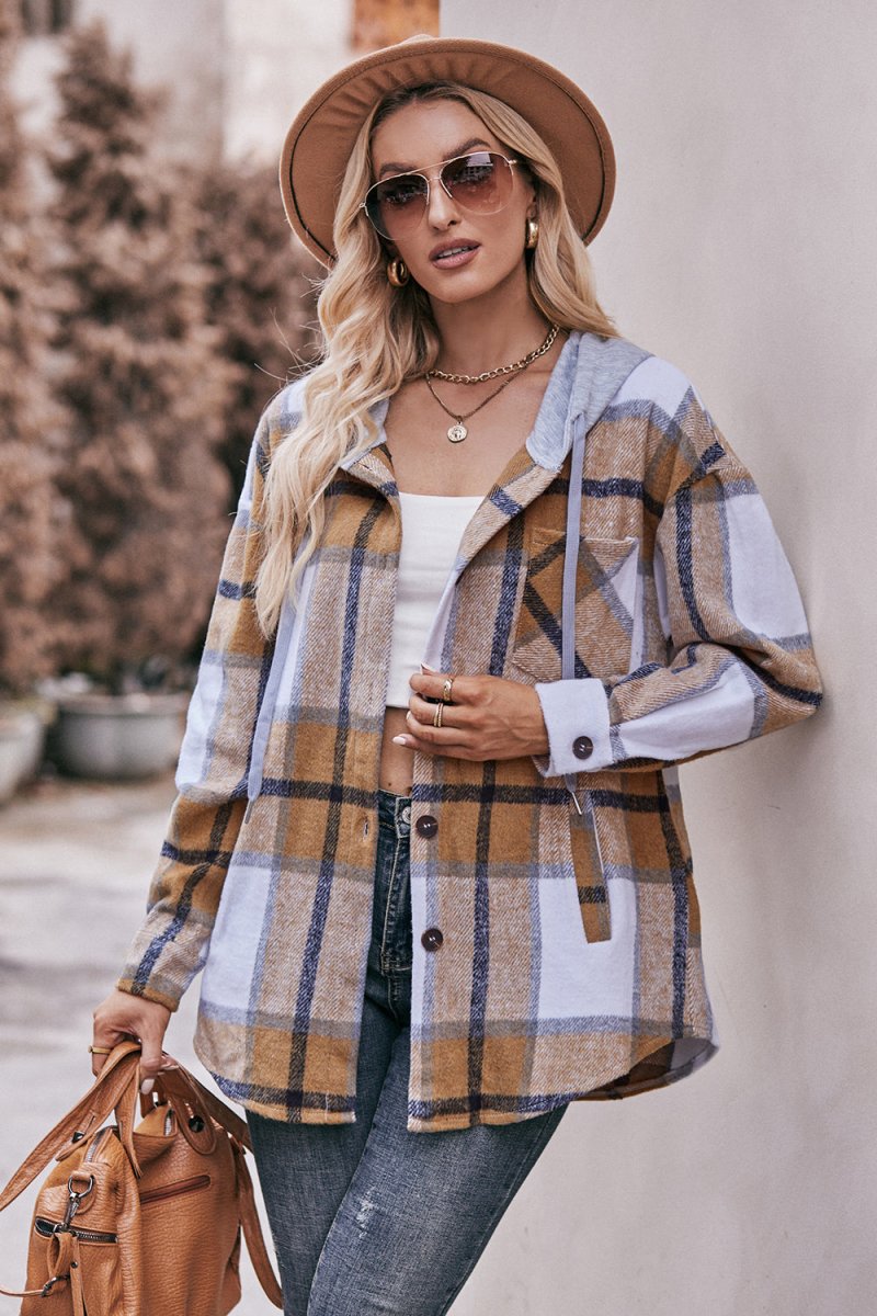 Mandy Plaid Dropped Shoulder Hooded Jacket - Outerwear