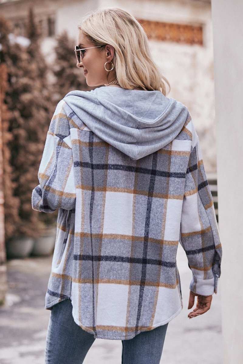 Mandy Plaid Dropped Shoulder Hooded Jacket - Outerwear