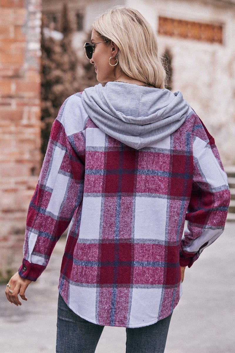 Mandy Plaid Dropped Shoulder Hooded Jacket - Outerwear
