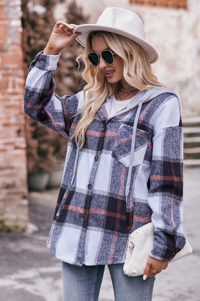 Mandy Plaid Dropped Shoulder Hooded Jacket - Outerwear