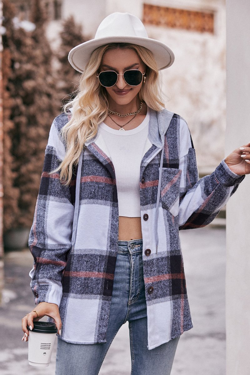 Mandy Plaid Dropped Shoulder Hooded Jacket - Outerwear
