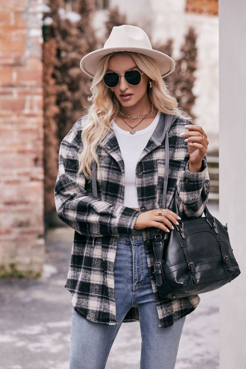 Mandy Plaid Dropped Shoulder Hooded Longline Jacket - Outerwear