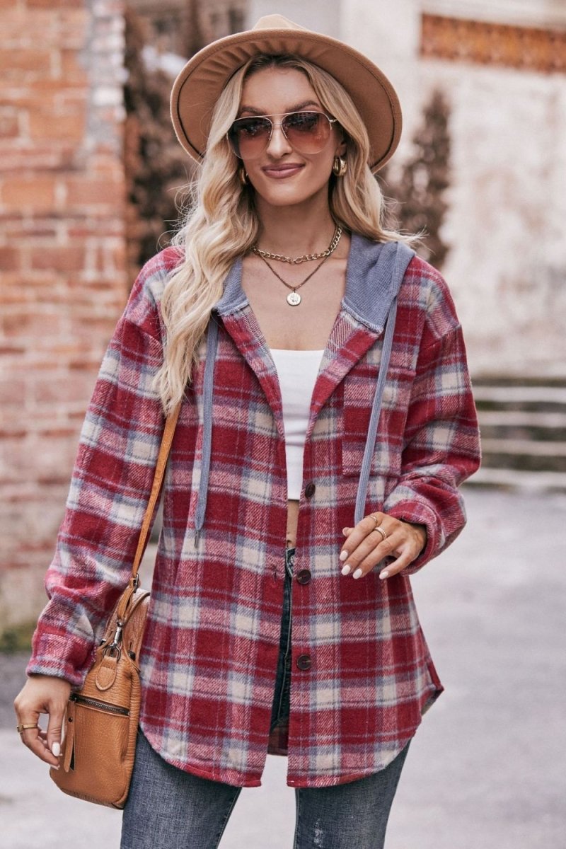 Mandy Plaid Dropped Shoulder Hooded Longline Jacket - Outerwear