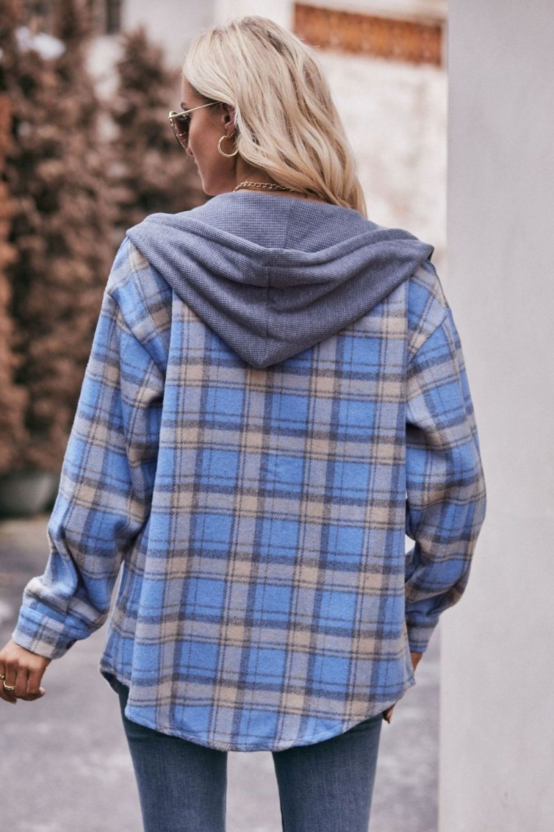Mandy Plaid Dropped Shoulder Hooded Longline Jacket - Outerwear