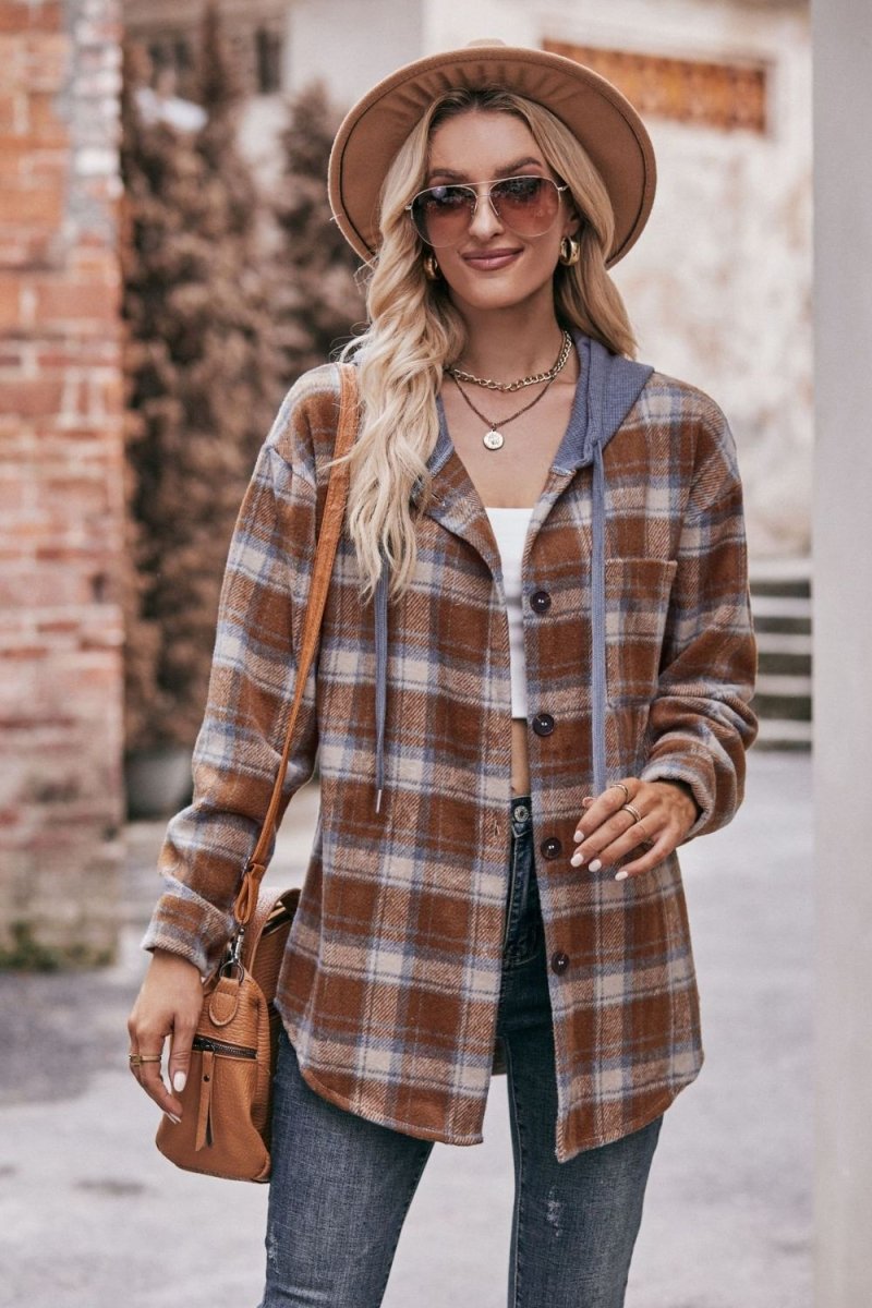 Mandy Plaid Dropped Shoulder Hooded Longline Jacket - Outerwear
