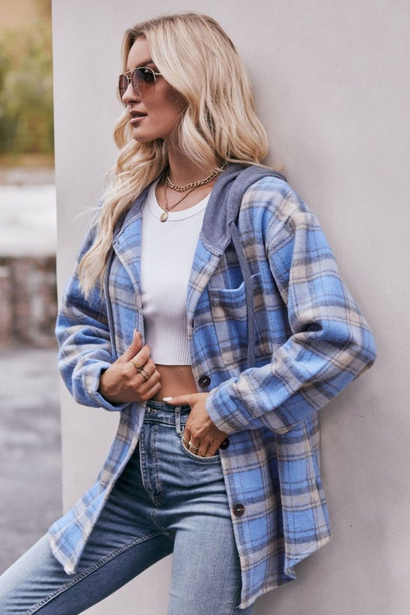 Mandy Plaid Dropped Shoulder Hooded Longline Jacket - Outerwear