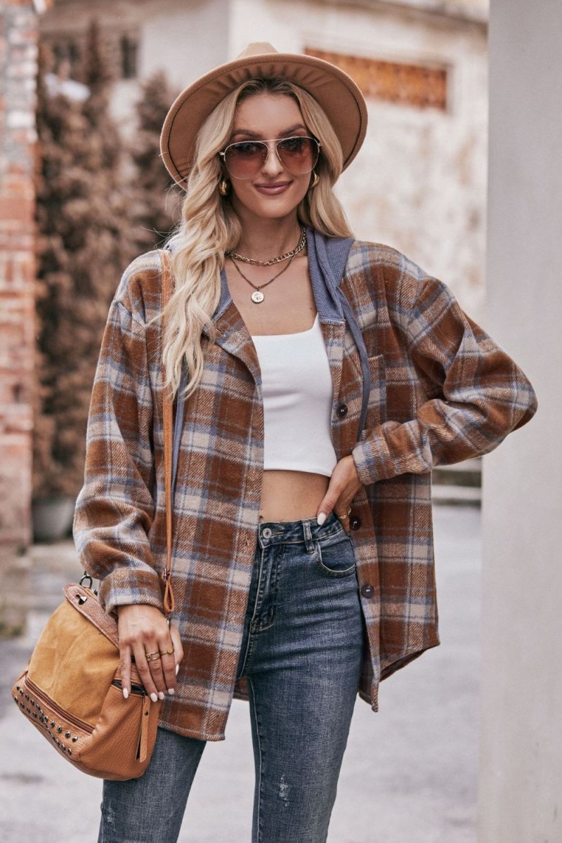 Mandy Plaid Dropped Shoulder Hooded Longline Jacket - Outerwear