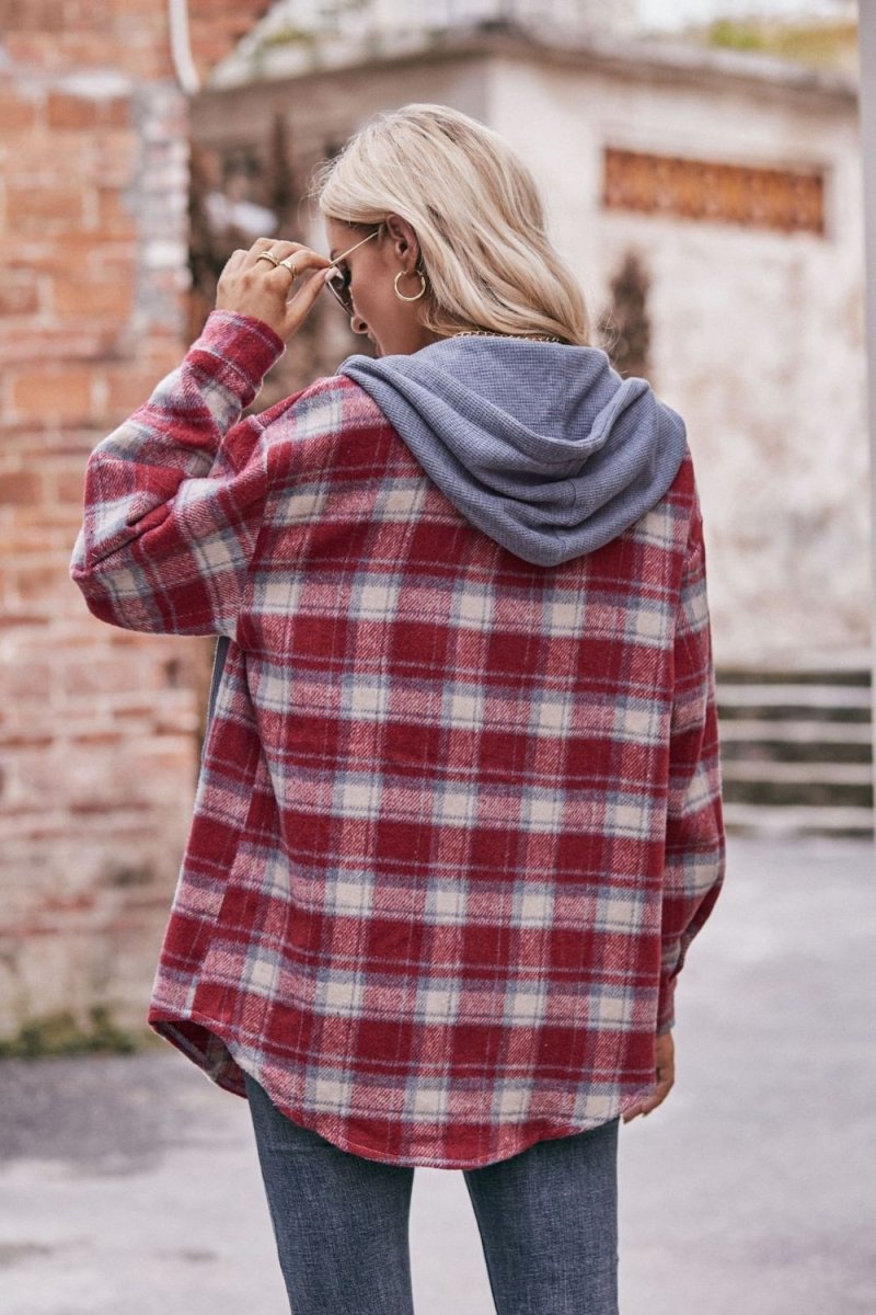 Mandy Plaid Dropped Shoulder Hooded Longline Jacket - Outerwear