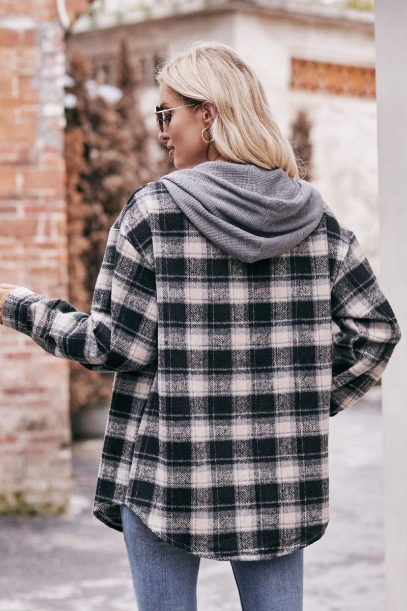 Mandy Plaid Dropped Shoulder Hooded Longline Jacket - Outerwear