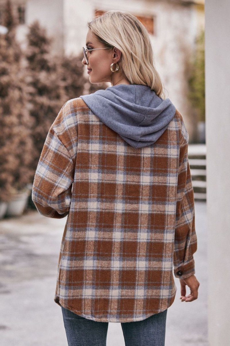 Mandy Plaid Dropped Shoulder Hooded Longline Jacket - Outerwear