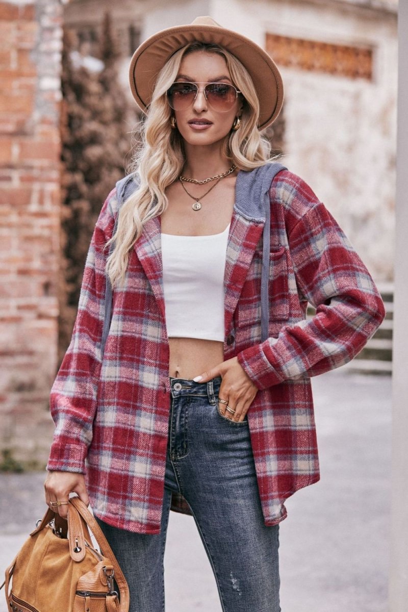 Mandy Plaid Dropped Shoulder Hooded Longline Jacket - Outerwear