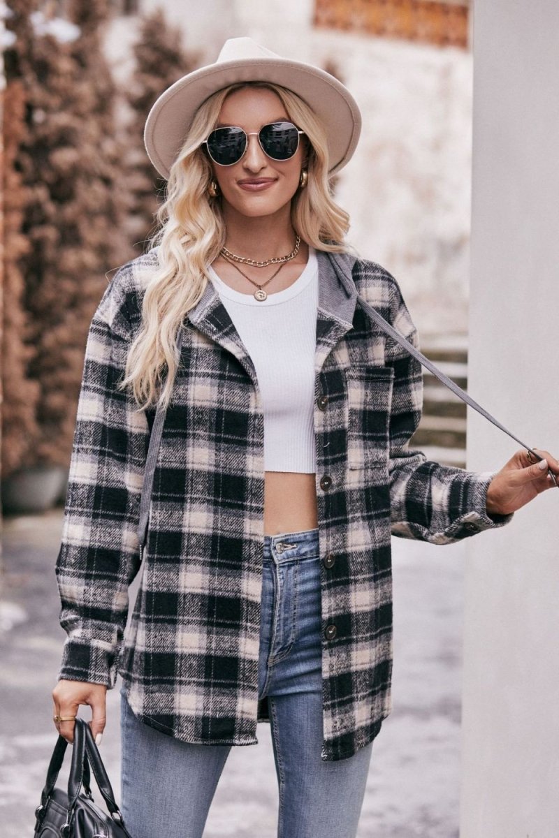 Mandy Plaid Dropped Shoulder Hooded Longline Jacket - Outerwear