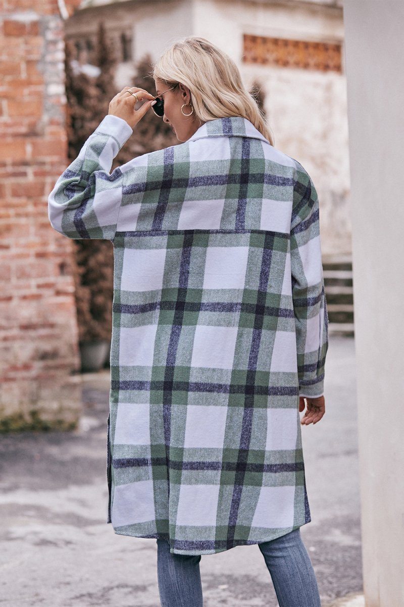 Mandy Plaid Dropped Shoulder Longline Jacket - Outerwear