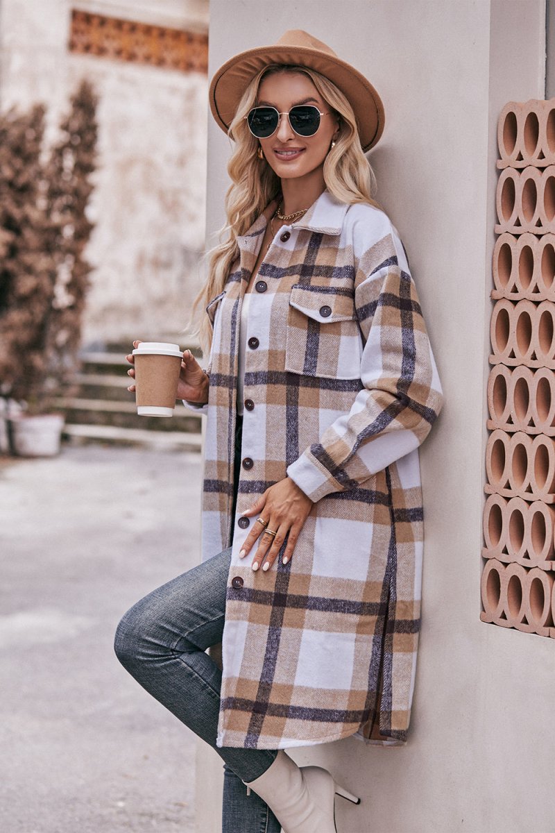Mandy Plaid Dropped Shoulder Longline Jacket - Outerwear