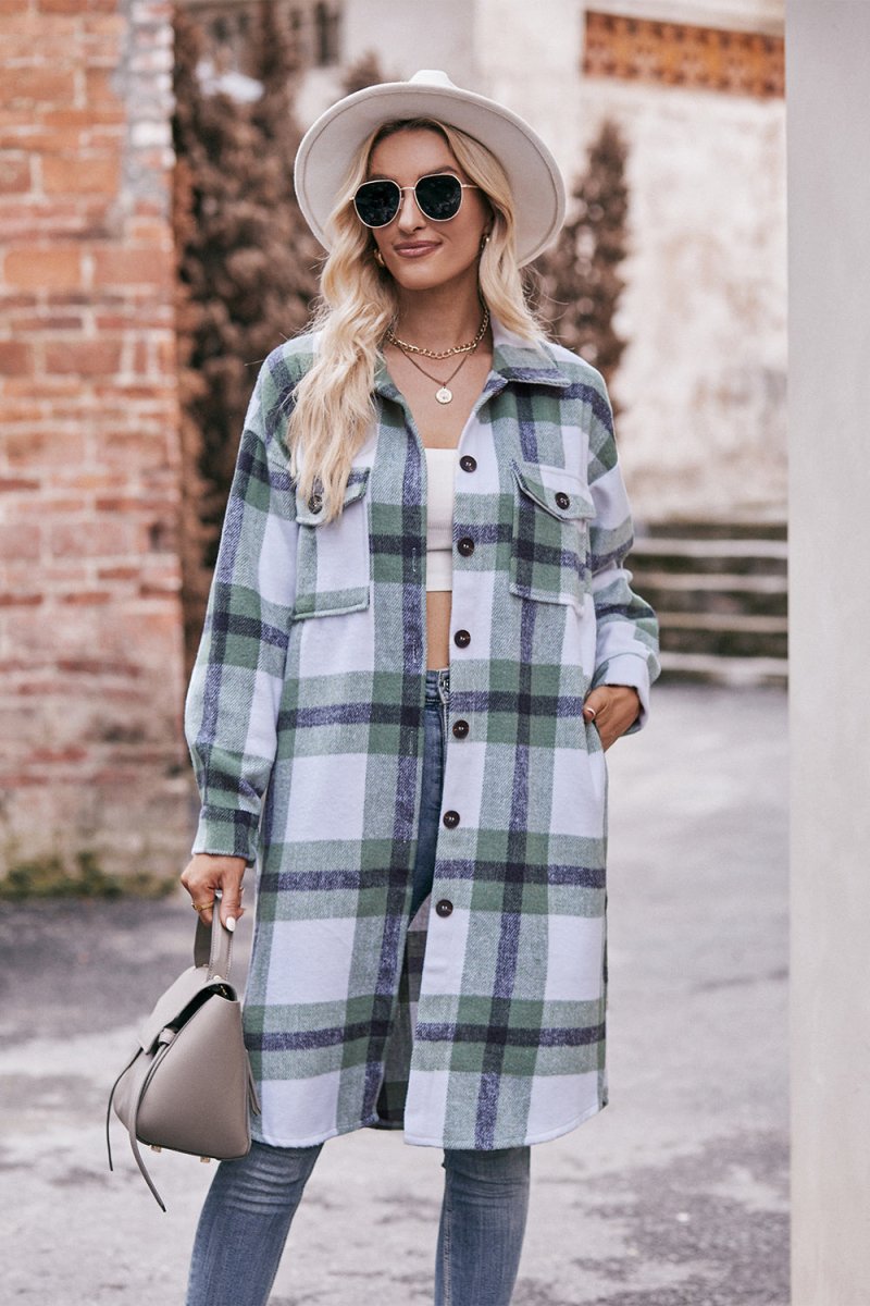 Mandy Plaid Dropped Shoulder Longline Jacket - Outerwear
