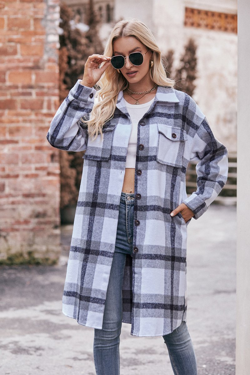 Mandy Plaid Dropped Shoulder Longline Jacket - Outerwear