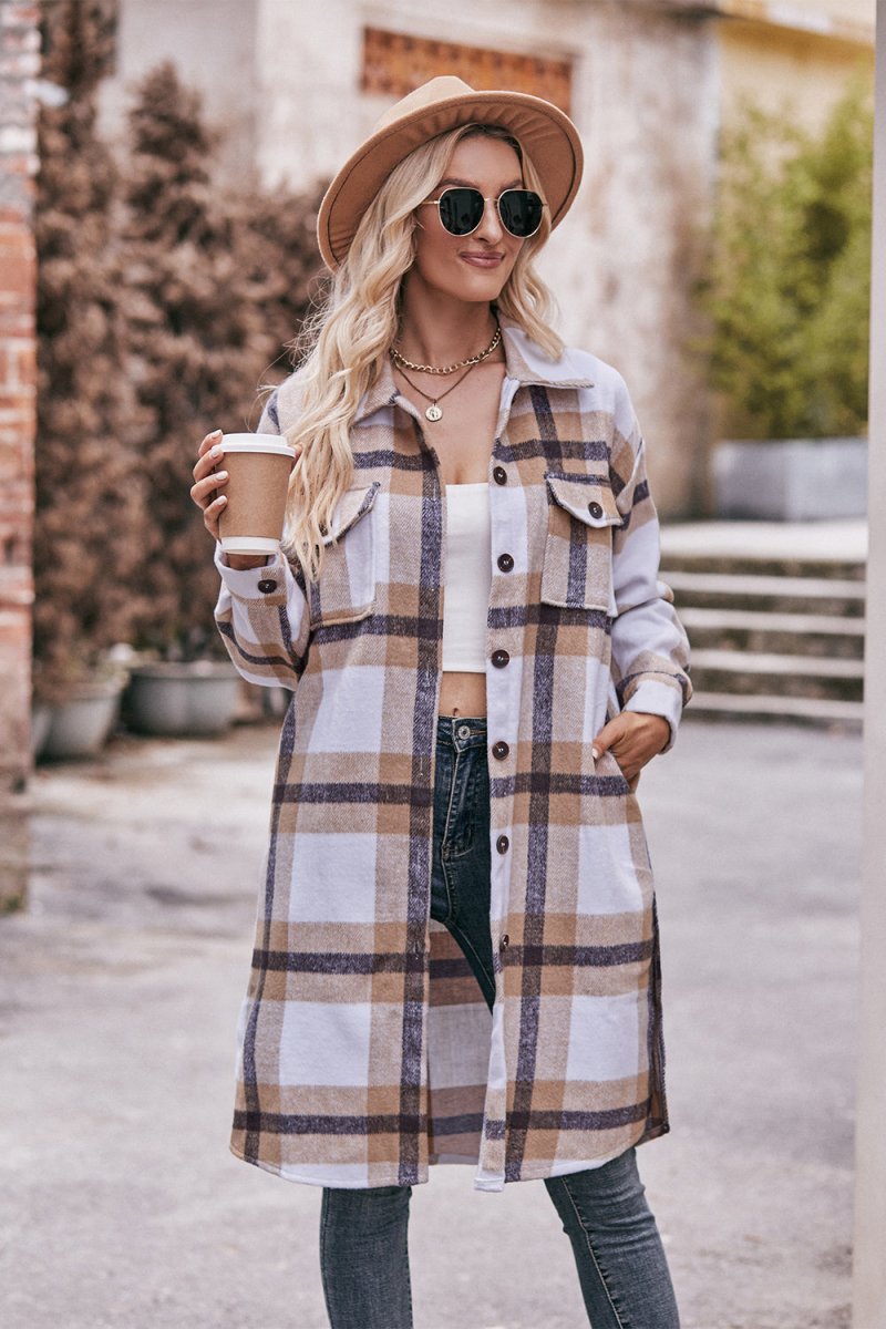 Mandy Plaid Dropped Shoulder Longline Jacket - Outerwear