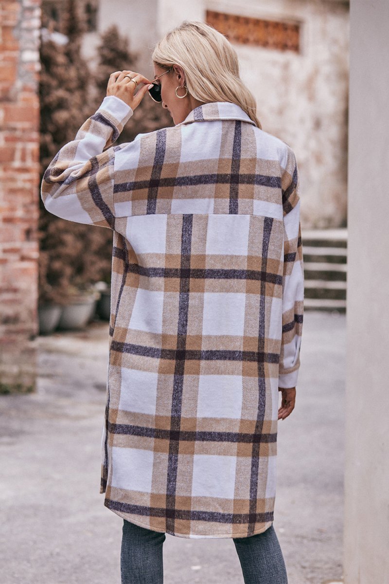 Mandy Plaid Dropped Shoulder Longline Jacket - Outerwear