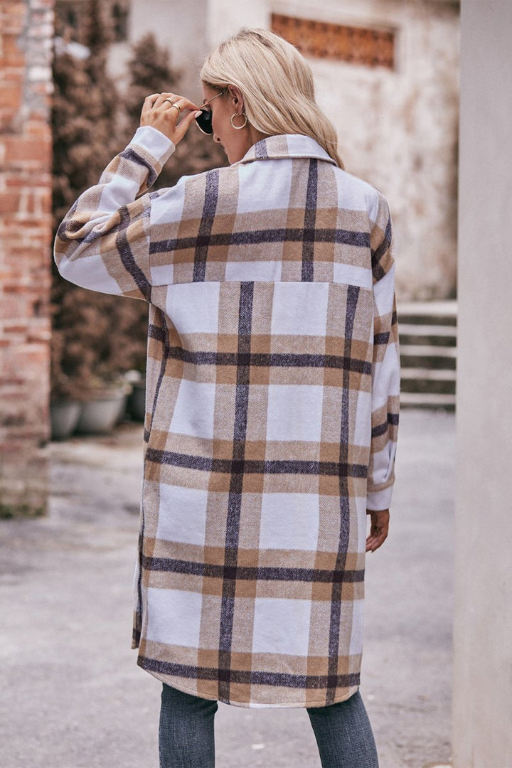 Mandy Plaid Dropped Shoulder Longline Jacket - Outerwear