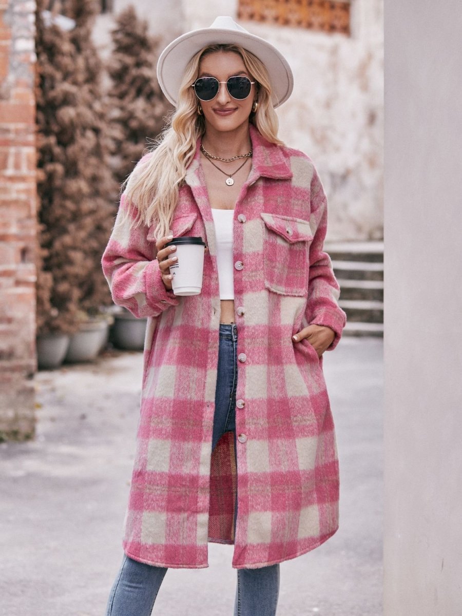 Mandy Plaid Dropped Shoulder Slit Coat - Outerwear