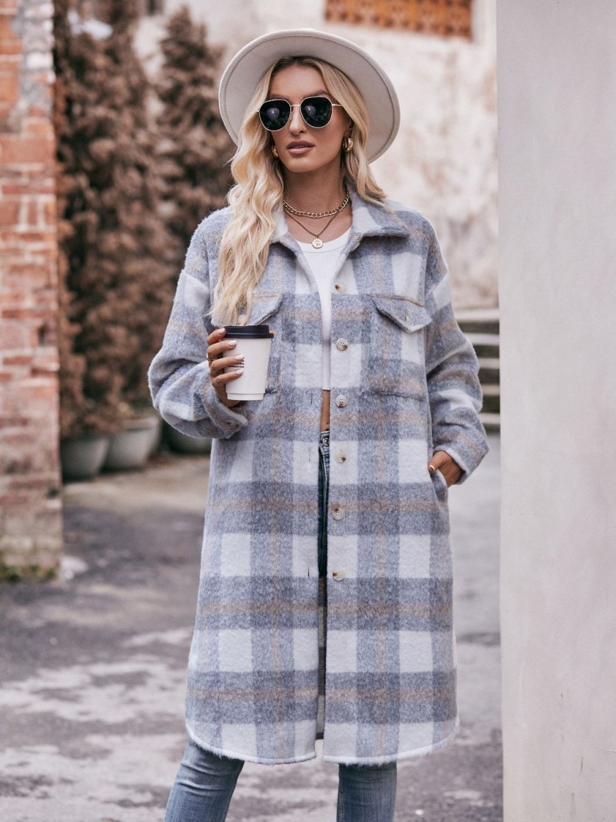 Mandy Plaid Dropped Shoulder Slit Coat - Outerwear
