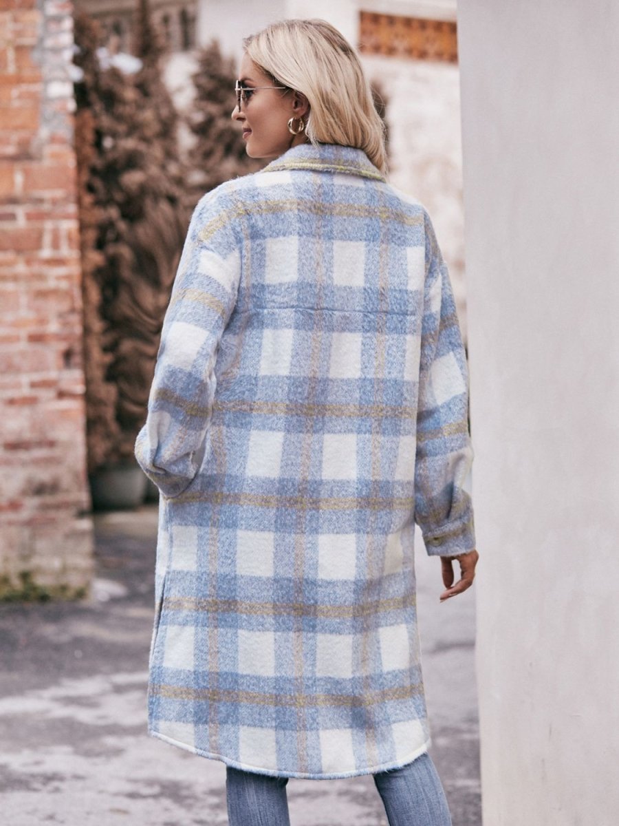 Mandy Plaid Dropped Shoulder Slit Coat - Outerwear