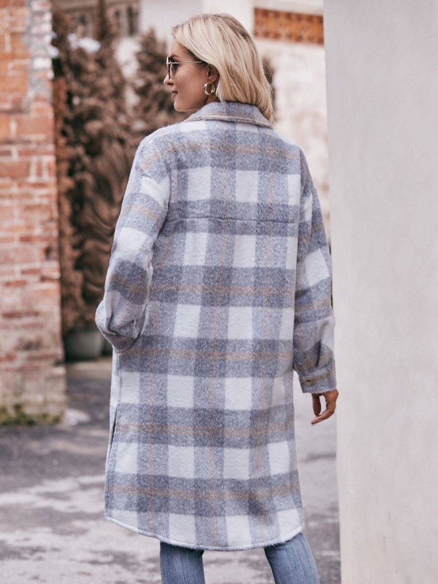 Mandy Plaid Dropped Shoulder Slit Coat - Outerwear