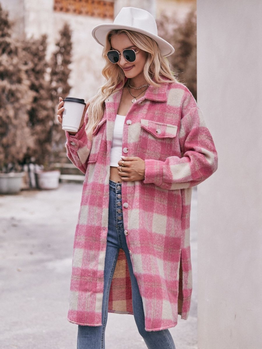 Mandy Plaid Dropped Shoulder Slit Coat - Outerwear