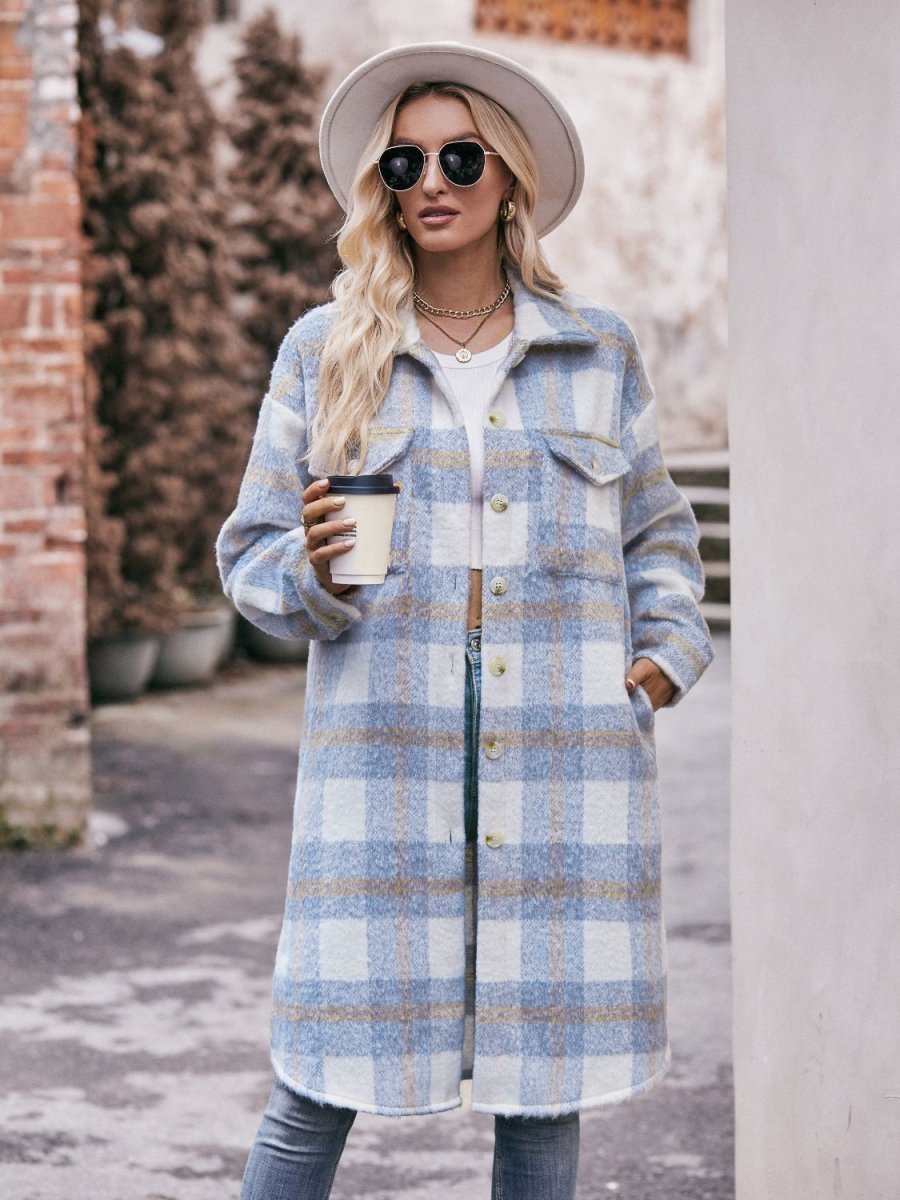 Mandy Plaid Dropped Shoulder Slit Coat - Outerwear