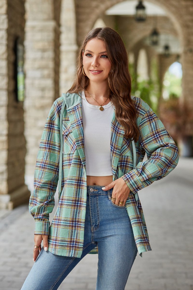Mandy Plaid Long Sleeve Hooded Jacket - Outerwear