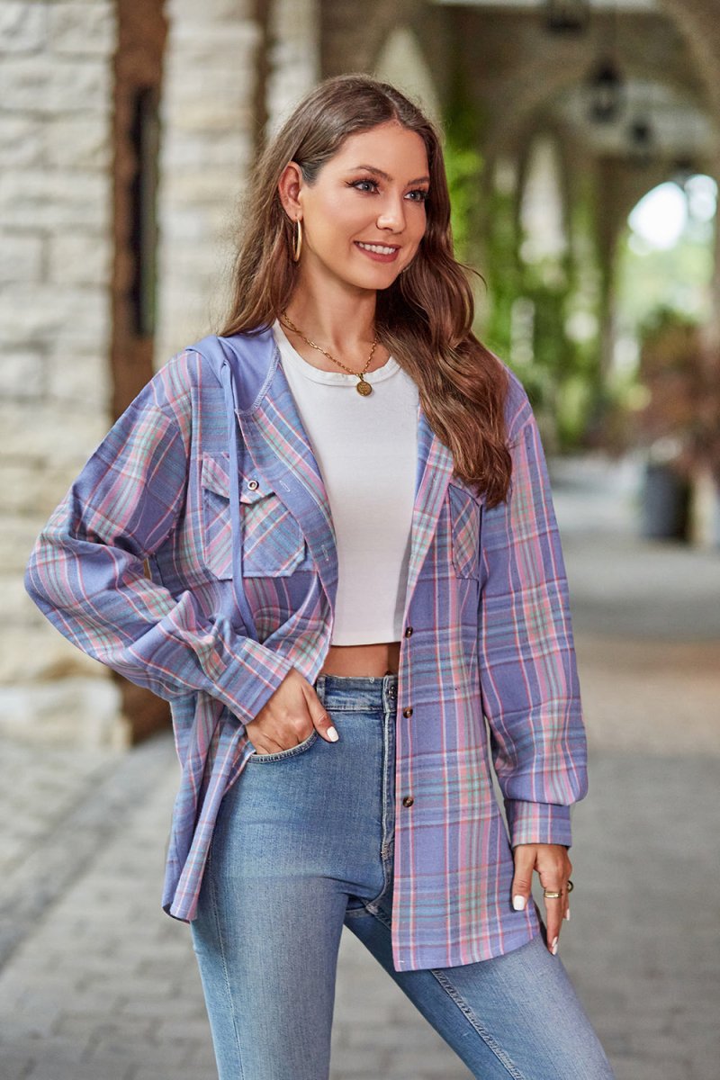 Mandy Plaid Long Sleeve Hooded Jacket - Outerwear