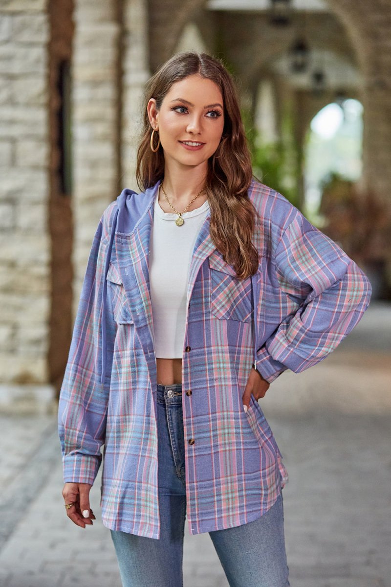 Mandy Plaid Long Sleeve Hooded Jacket - Outerwear