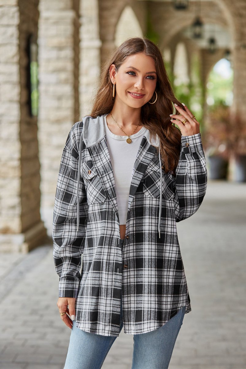 Mandy Plaid Long Sleeve Hooded Jacket - Outerwear