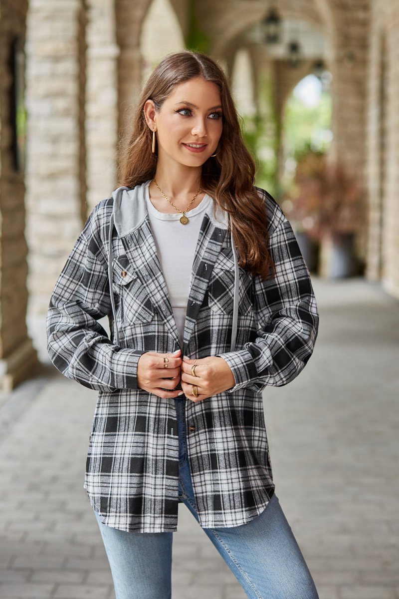 Mandy Plaid Long Sleeve Hooded Jacket - Outerwear