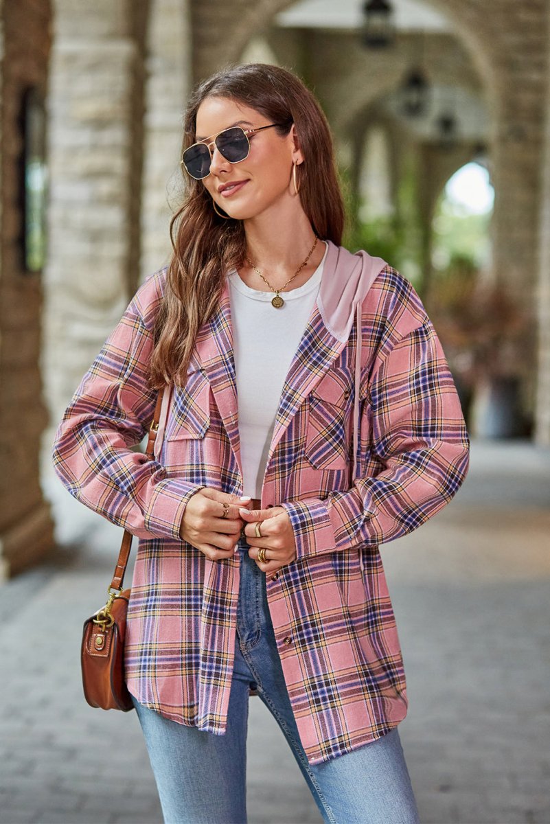 Mandy Plaid Long Sleeve Hooded Jacket - Outerwear