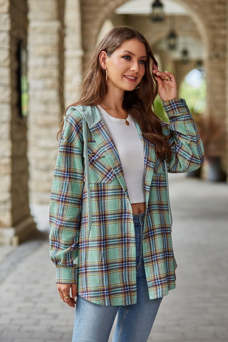 Mandy Plaid Long Sleeve Hooded Jacket - Outerwear