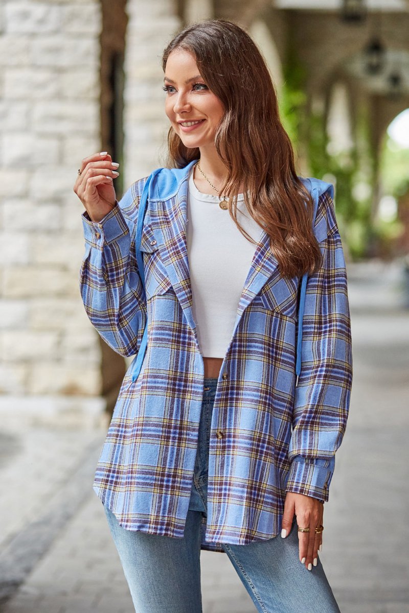Mandy Plaid Long Sleeve Hooded Jacket - Outerwear