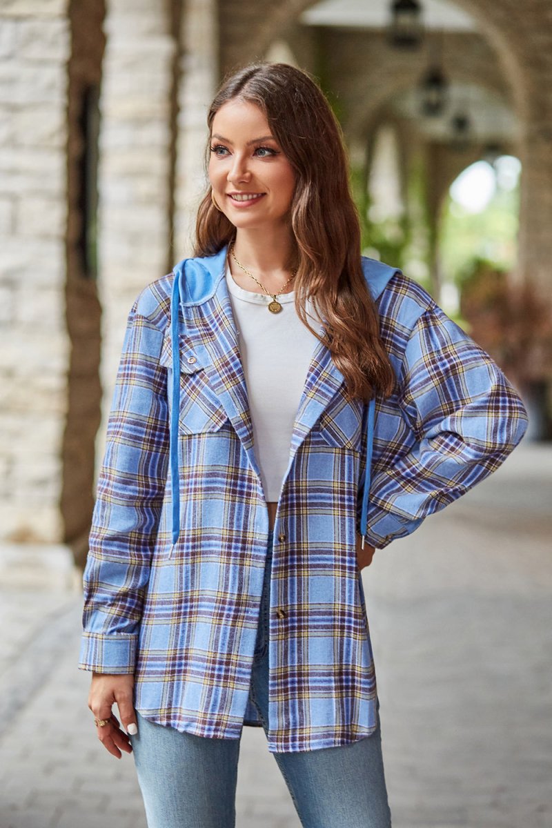 Mandy Plaid Long Sleeve Hooded Jacket - Outerwear