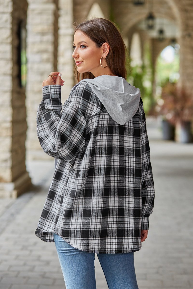 Mandy Plaid Long Sleeve Hooded Jacket - Outerwear
