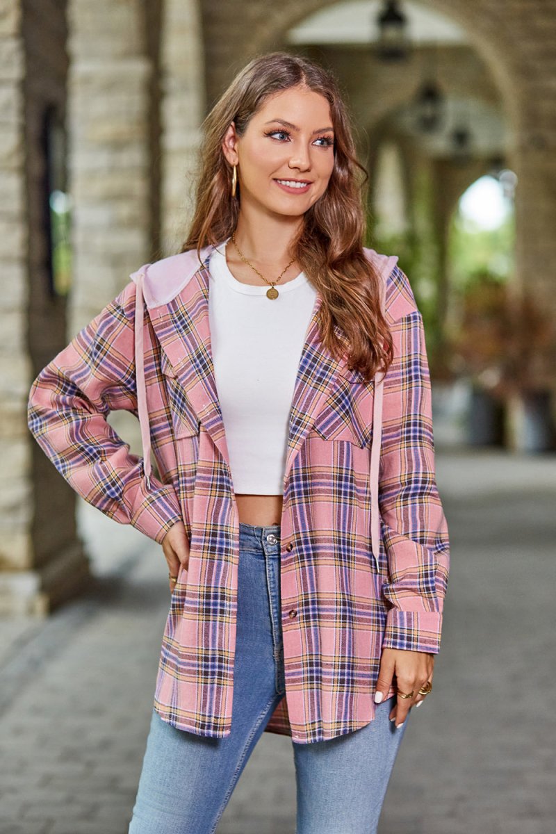 Mandy Plaid Long Sleeve Hooded Jacket - Outerwear