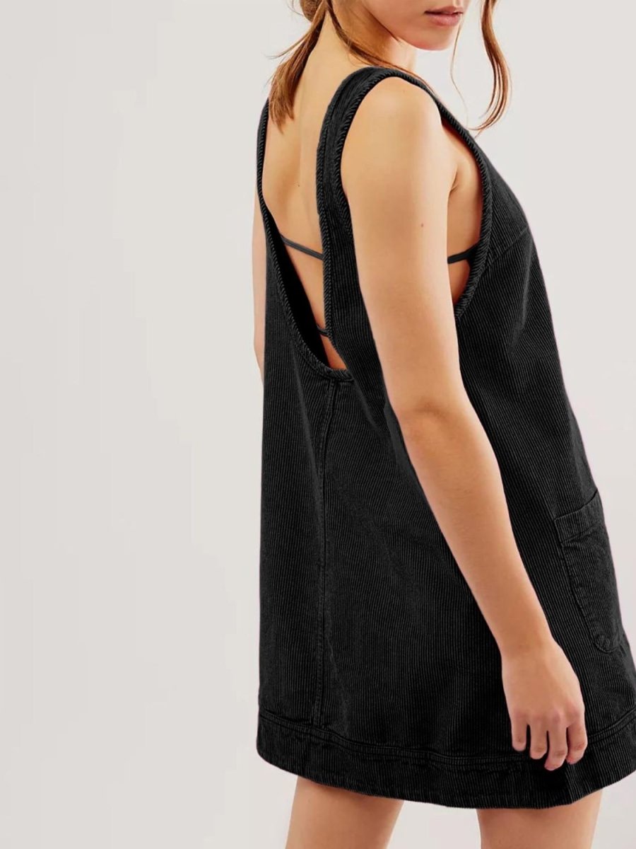Mandy Round Neck Wide Strap Mini Dress with Pockets - Casual Dress